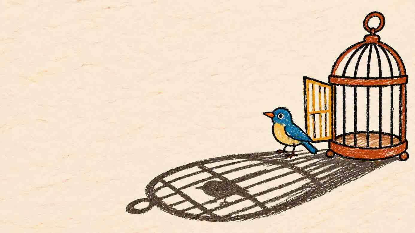 A bird outside an open cage, with its shadow trapped within the shadow of the cage.