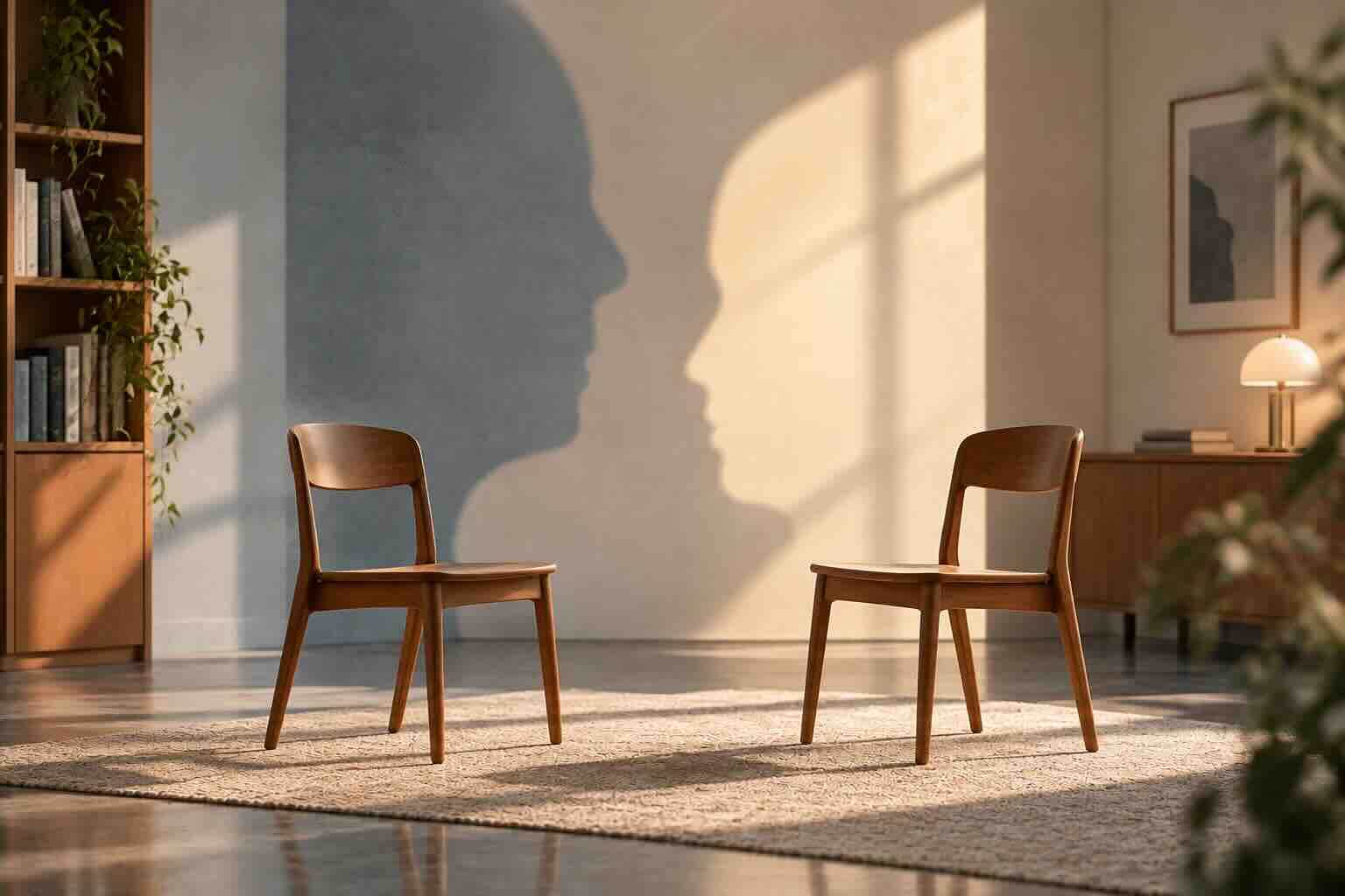 The Empty Chair Technique Two empty chairs in a psychotherapy office, with a Gestalt figure–ground motif on the wall behind them.